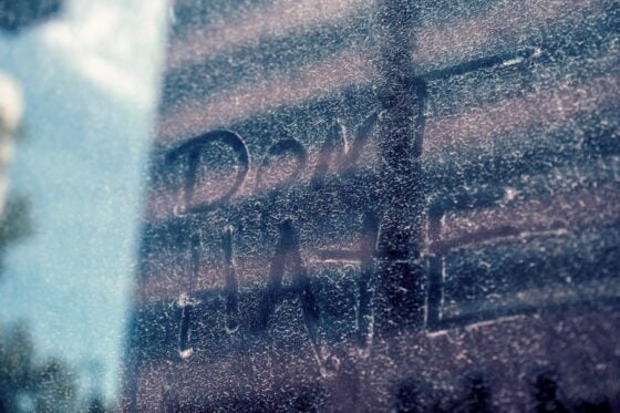 dont hate inscription on glass wall behind building