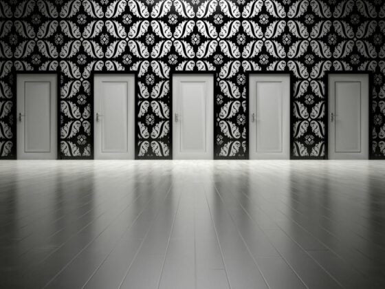 seven white closed doors