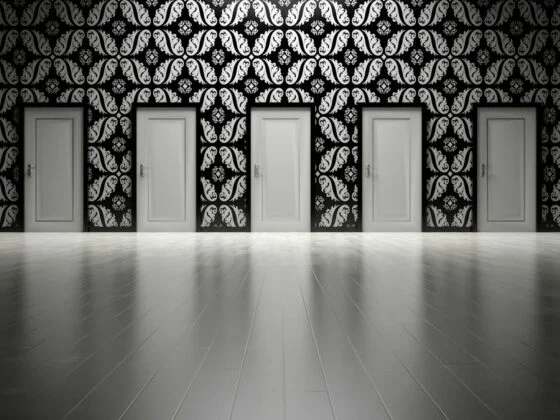seven white closed doors