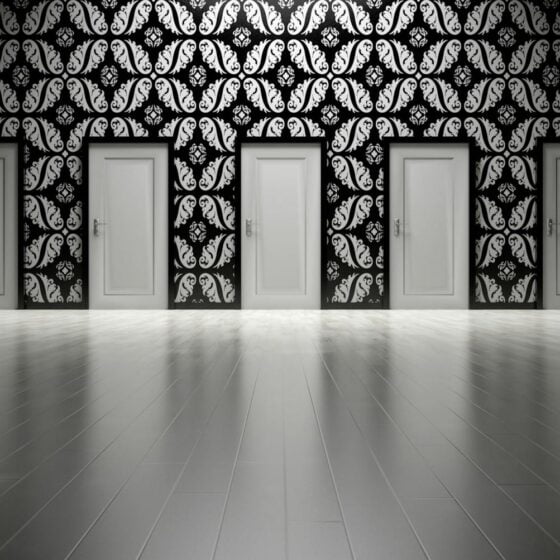 seven white closed doors