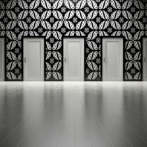 seven white closed doors