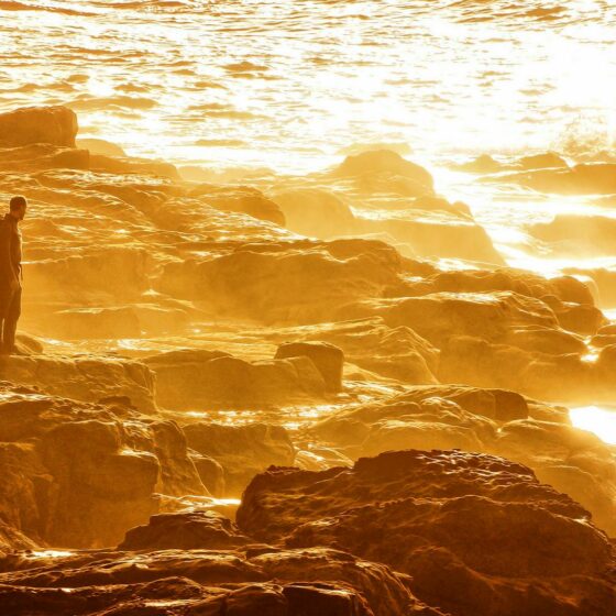 man standing on rocky shore during sunset
