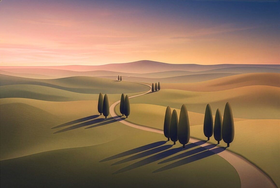 landscape, nature, field, trees, valley, mountains, road, journey, countryside, route, scenery, scenic, gradient, texture, colorful, design, shadow, painting, rural, horizon