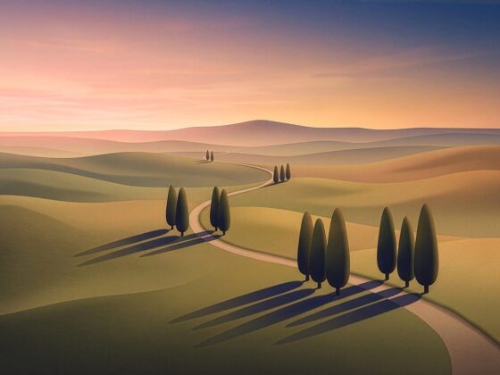 landscape, nature, field, trees, valley, mountains, road, journey, countryside, route, scenery, scenic, gradient, texture, colorful, design, shadow, painting, rural, horizon