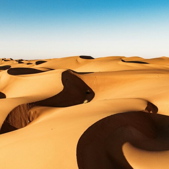 Golden sand dunes under a clear blue sky