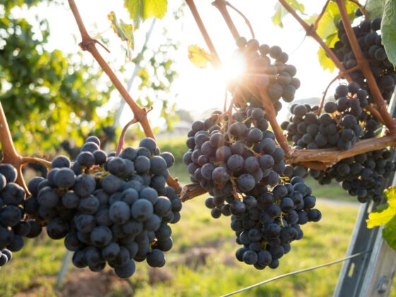 Clusters of dark purple grapes hanging on a vine in golden light